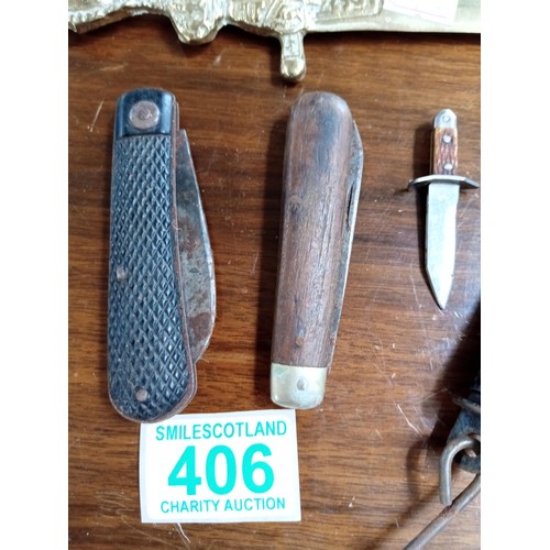 406 - Selection of pen knives, letter opener and a very small Japanese knife