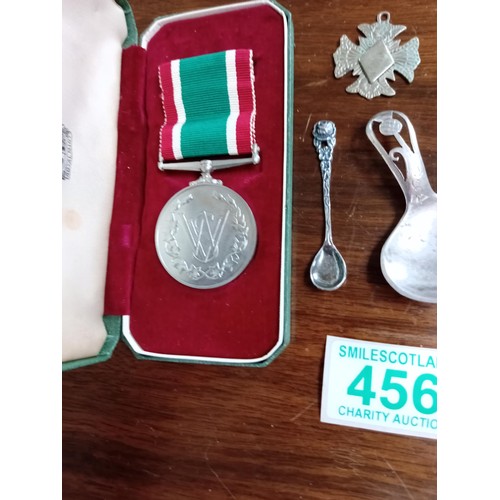 456 - Womans voluntary self service medal silver mustard spoon, etc