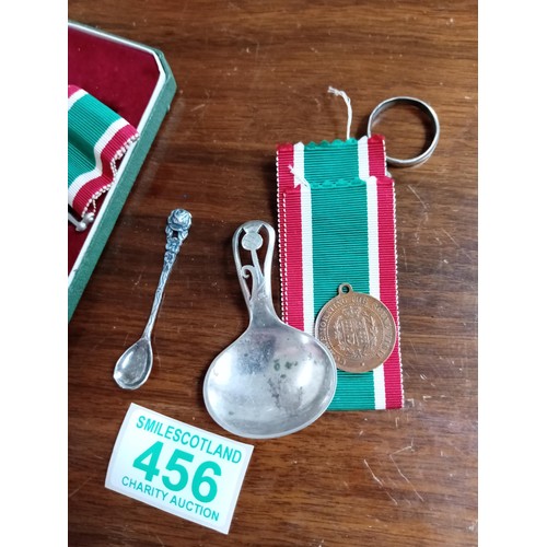 456 - Womans voluntary self service medal silver mustard spoon, etc