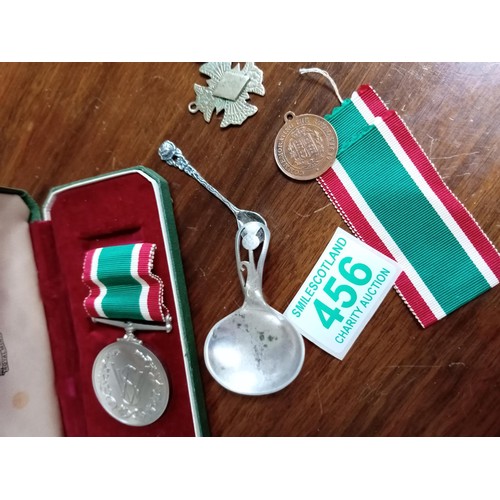 456 - Womans voluntary self service medal silver mustard spoon, etc