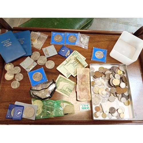 483 - Selection of collectable coiins to include 3 x £5 coins, Dollars, Old money,