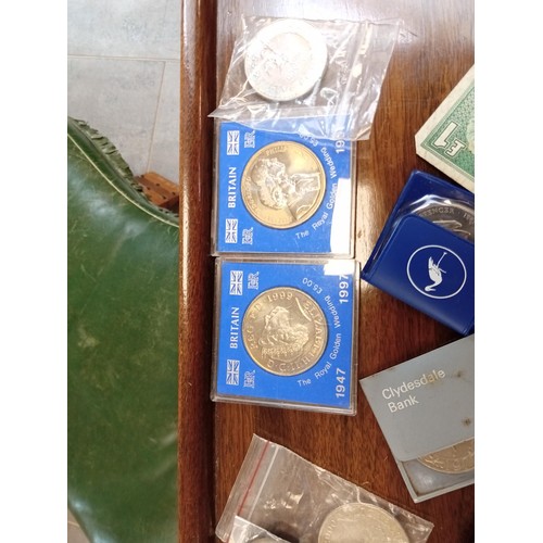 483 - Selection of collectable coiins to include 3 x £5 coins, Dollars, Old money,