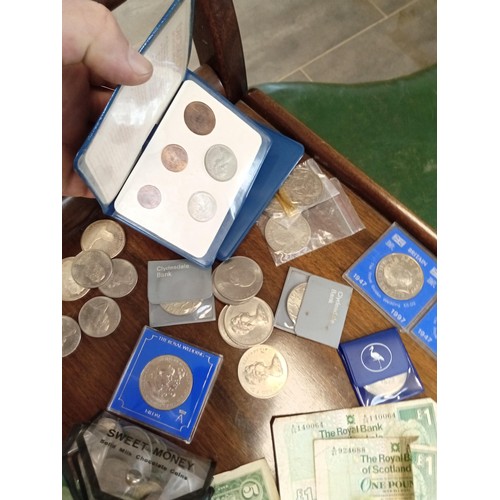 483 - Selection of collectable coiins to include 3 x £5 coins, Dollars, Old money,