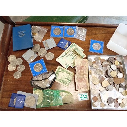 483 - Selection of collectable coiins to include 3 x £5 coins, Dollars, Old money,