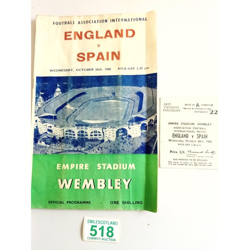 518 - England vs Spain 1960 Wednesday 26th October official football programme plus match ticket