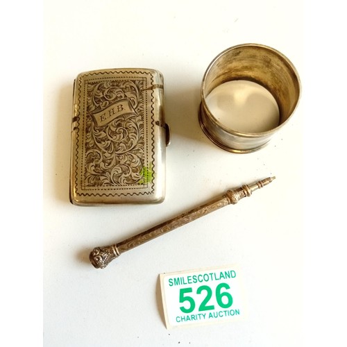 526 - Silver hallmarked cigarette case and napkin ring plus a propelling pencil do not know if this is sil... 