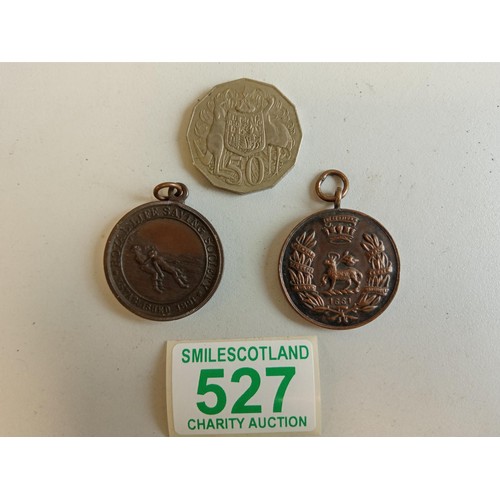 527 - Royal life saving society medal est 1891 awarded 1932 plus 1934 inter coy rifle cup medal and a coin