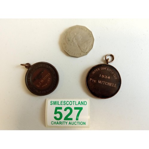 527 - Royal life saving society medal est 1891 awarded 1932 plus 1934 inter coy rifle cup medal and a coin