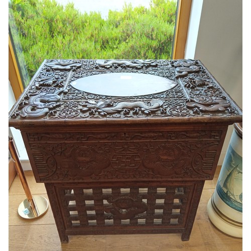 62 - Oriental carved sewing box 65 cm long and standing at 62 cm high with 50 cm deep