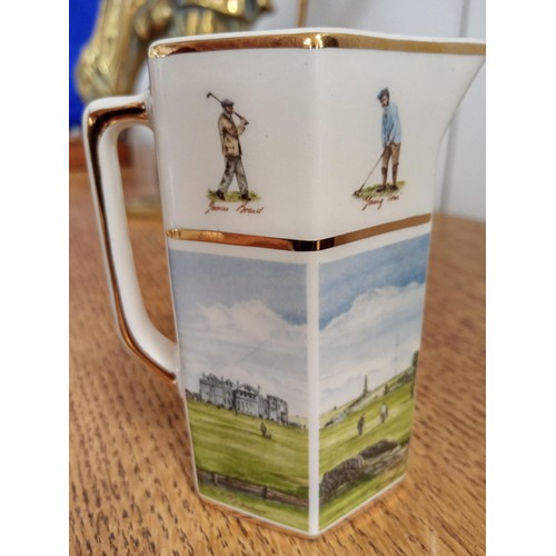 82 - brass Golfer and a whisky water jug