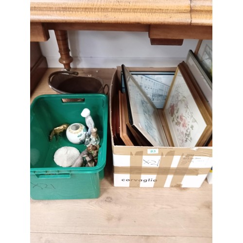 83 - box lots framed pictures , ceramics and a coal skuttle