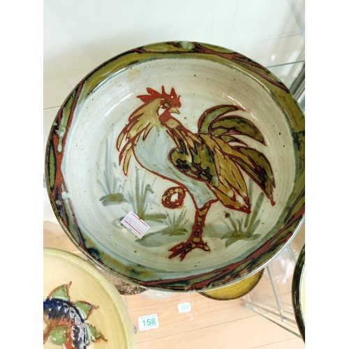 157 - Studio pottery cockerel bowl and 2 fish design bowls