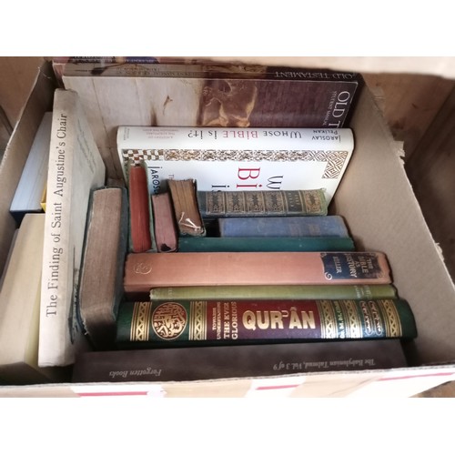 239 - Religion: One box of books including;
The Bible with label of the King's own Scottish Borderers Laid... 