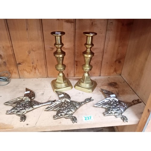 237 - selection of brass ware 3 birds and candle sticks