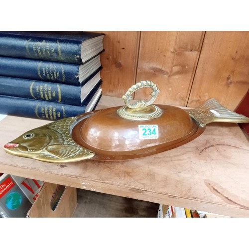 234 - Copper hand hammered lidded fish dish