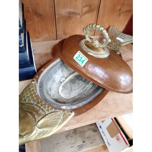 234 - Copper hand hammered lidded fish dish