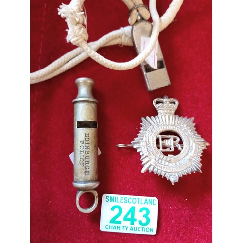 243 - vintage Edinburgh Police whistle plus one other and army royal corps badge