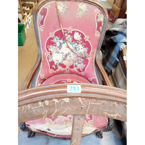 283 - 2x antique fire side scroll chairs in need of complete renovation