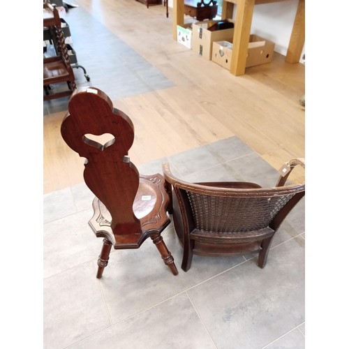 286 - Spinning wheel chair and low rattan-back fireside chair