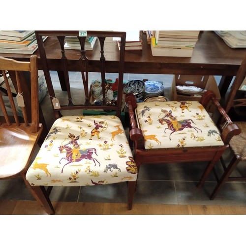 317 - Vintage piano stool and chair in matching upholstery