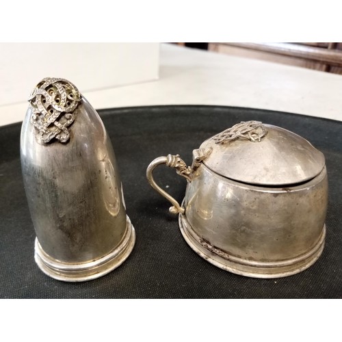 263A - 2 silver hallmarked part condiment set with unusual crest design see photos weighing approx 164 gram... 