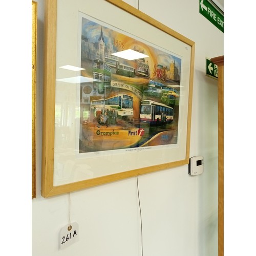 261A - Framed Eric Auld print signed 100 years of public transport in Aberdeen