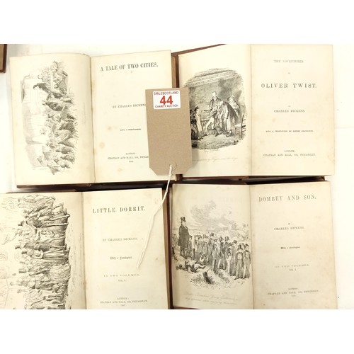 44 - Charles Dickens, six volumes.  Published by Chapman and Hall:

Oliver Twist, The Old Curiosity Shop ... 