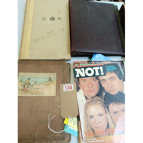 130 - Ephemera: Old albums (empty), notebook and books in poor condition.  Including; 