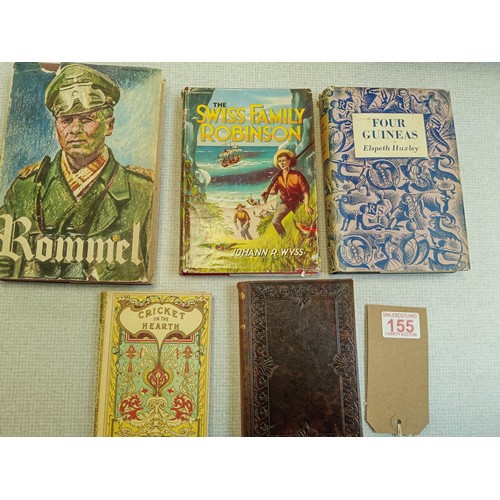 155 - 5x vintage books incl. Swiss Family Robinson; Four Guineas; Rommel; Cricket on the Hearth; Kidnapped... 