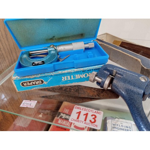 113 - Draper imperial micrometer E clips 77's saw set and a box sliding beville etc