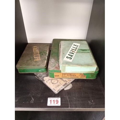 119 - Selection of vintage Saville tins with washers screws etc