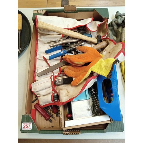 257 - Box lot of tools, tool roll etc