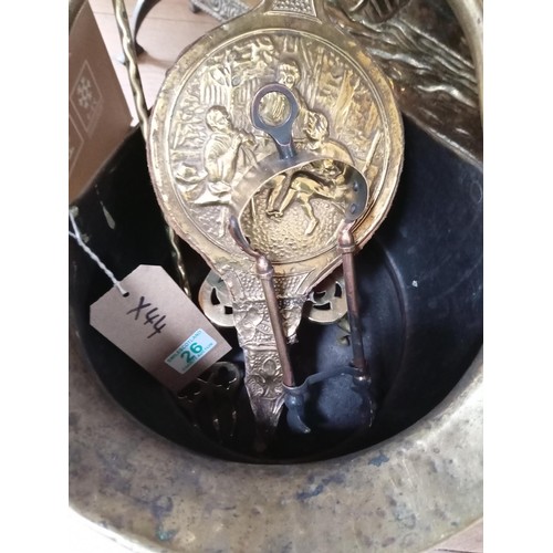 26 - Brass fire guard, coal bucket, bells etc