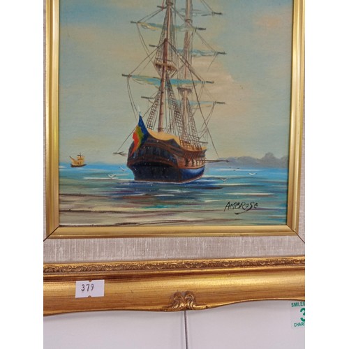 34 - Painting on canvas by Ambrose of Galleon