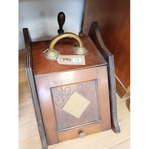 70 - Victorian wooden coal scuttle with inner and a shovel