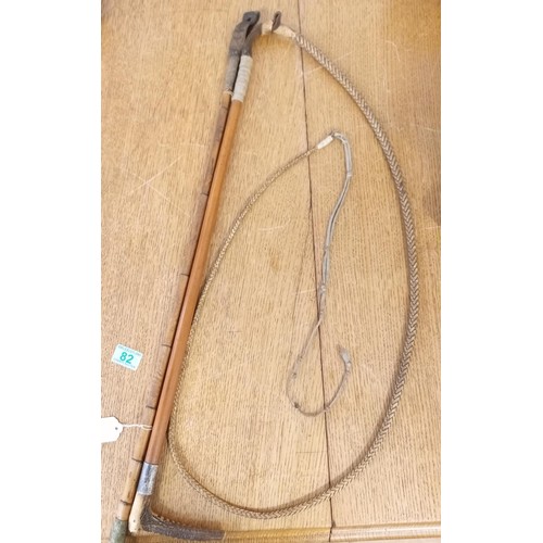 82 - 1 x bamboo hunting whip and 1 cane riding crop both with silver mounts