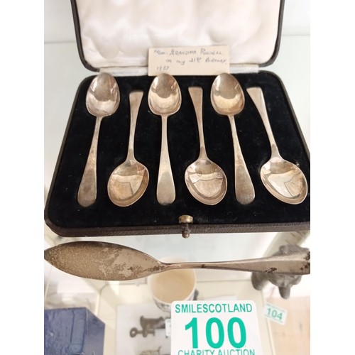 100 - Set of 6 hallmarked silver spoons Sheffield 1936 by Cooper Bros and small serving slice 1924 .total ... 