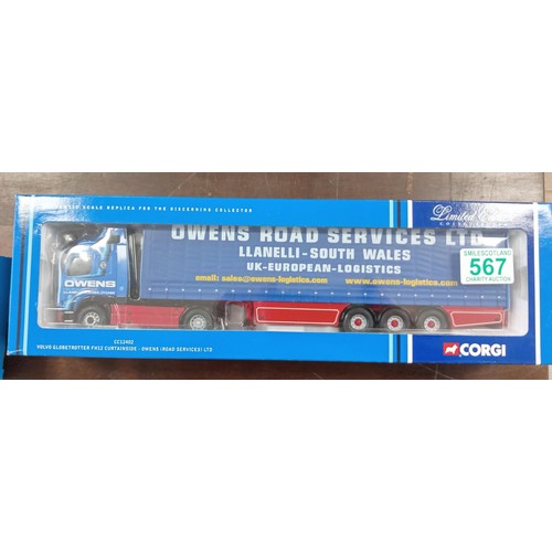 567 - Corgi Limited Edition CC12402 Volvo Globetrotter FH12 Curtainside - Owens (Road Services) Ltd scale ... 