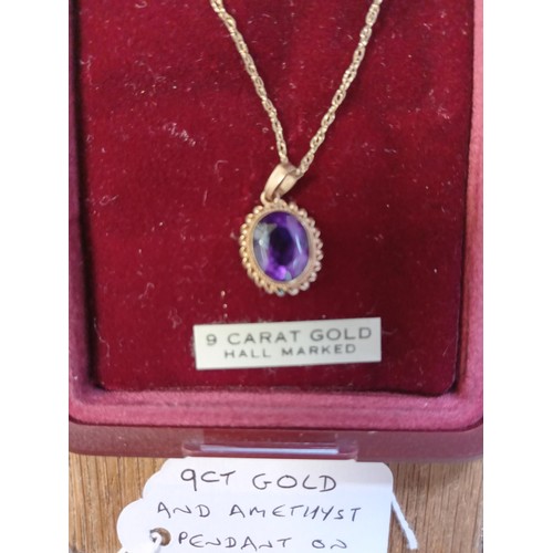 71 - 9 carat gold & amethyst pendant on a 9 carat gold chain. weighs 1.9g approx