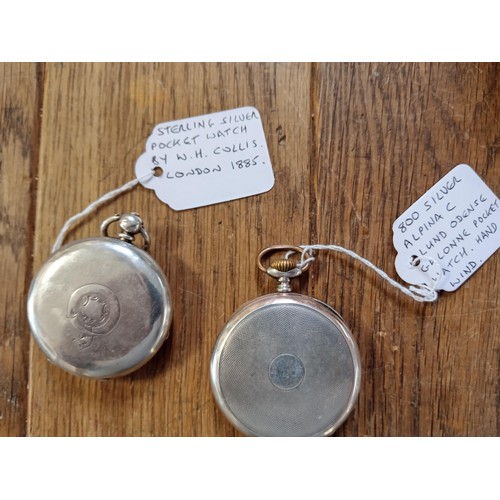 87 - 2 x vintage pocket watches.  1 is Sterling silver W H Collis London 1885 believed... 800 silver Alpi... 