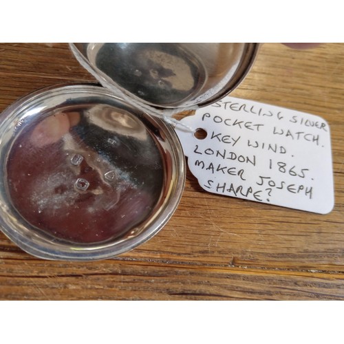 88 - Sterling silver pocket watch key wind. London believed 1865 maker Joseph Sharpe?