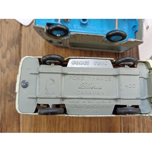 93 - 3 x vintage Corgi & Dinky toys, Ford Thames caravan, NCB Electric van & Bedford Ovaltine van