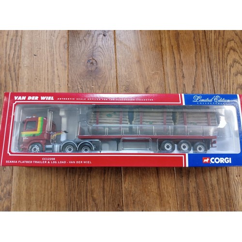 65 - Corgi Limited Edition CC12208 Scania Flatbed Trailer & Log Load - Van Der Wiel scale 1:50