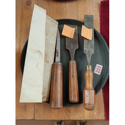 223 - Isaac Greaves firmer chisel, Sorby chisel etc and comes with original owners 1924 certificate