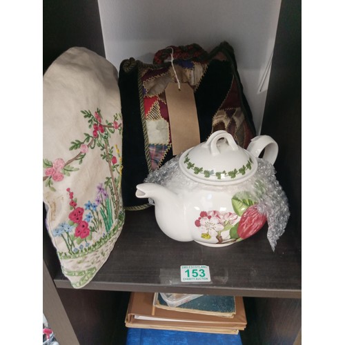 153 - Portmeirion Pomana teapot and 2 tea cosies