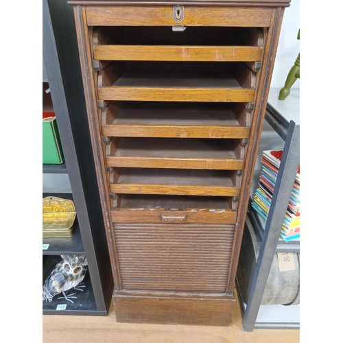 159 - Oak tambour drawer cabinet, with key