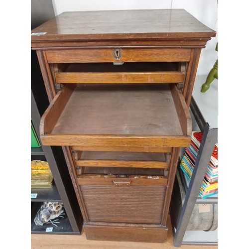 159 - Oak tambour drawer cabinet, with key