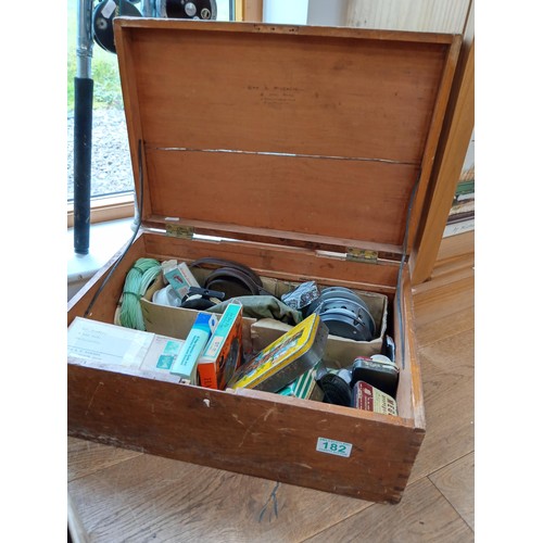 182 - Box of vintage fishing reels, lures, flies, etc