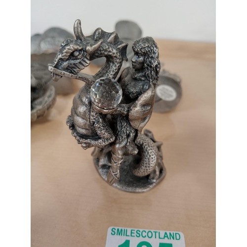 195 - Tray lot of pewter and crystal mythical figurines. Some 'The Magic of the Crystal' and dragons, see ... 