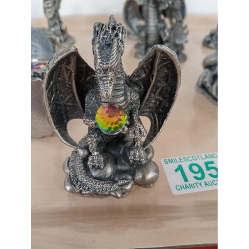 195 - Tray lot of pewter and crystal mythical figurines. Some 'The Magic of the Crystal' and dragons, see ... 